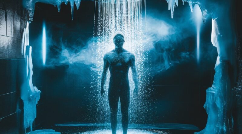 Silhouette of a person standing under a waterfall in a dark, icy environment with mist and illuminated walls.