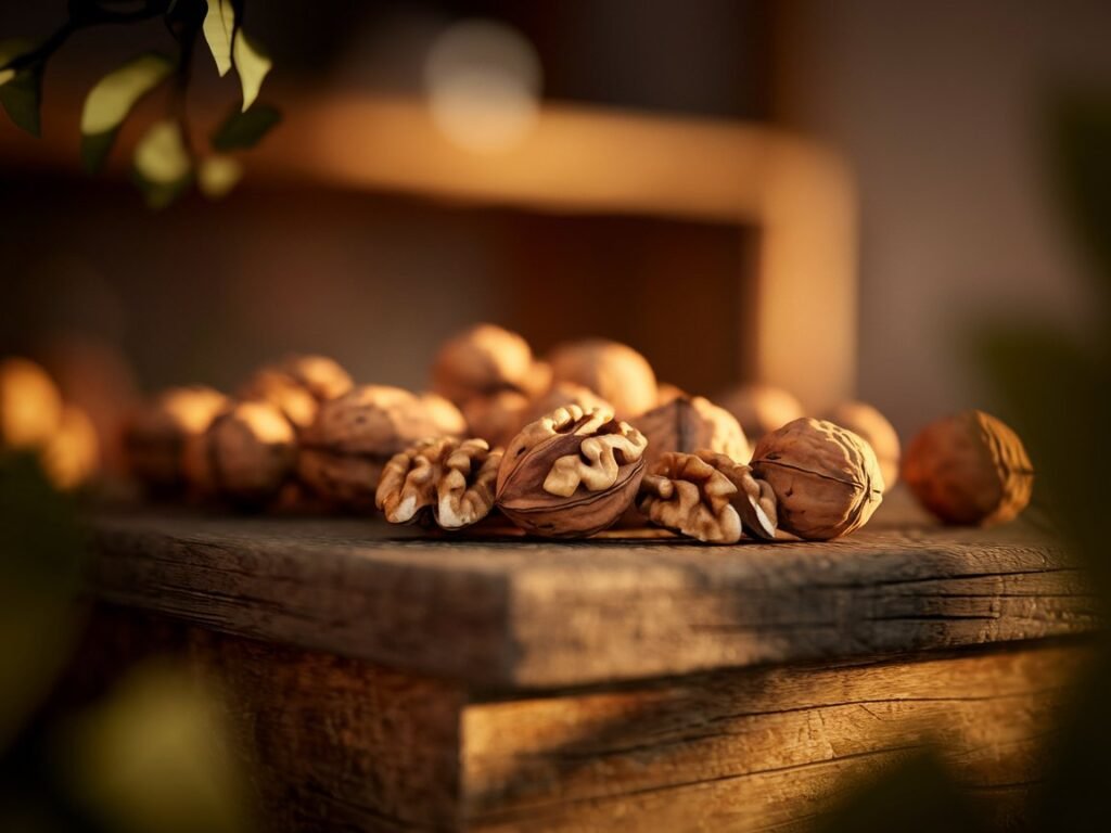 Close-up of shelled walnuts placed on a wooden surface, showcasing their textured shells and exposed nutmeat.