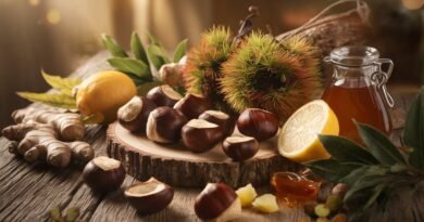 Chestnuts arranged on a wooden cutting board with lemon slices, honey, and ginger root, surrounded by green leaves and a decorative basket.
