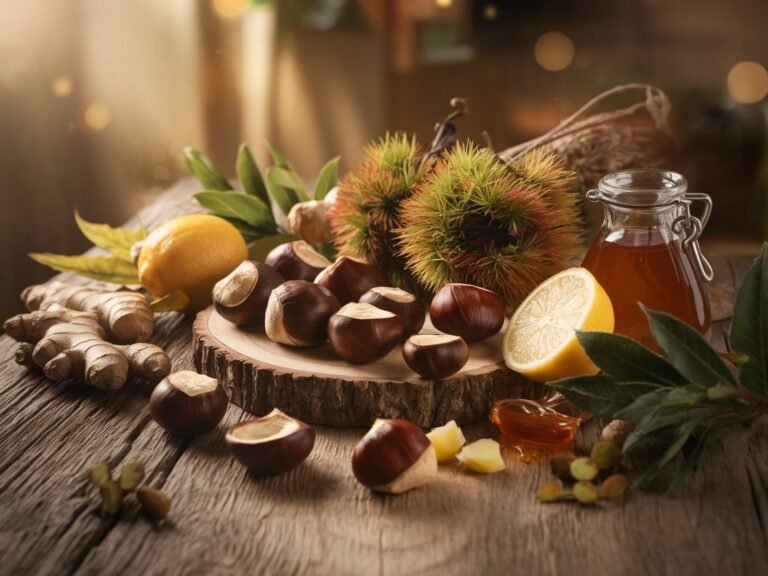 Chestnuts arranged on a wooden cutting board with lemon slices, honey, and ginger root, surrounded by green leaves and a decorative basket.