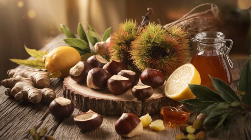 Chestnuts arranged on a wooden cutting board with lemon slices, honey, and ginger root, surrounded by green leaves and a decorative basket.