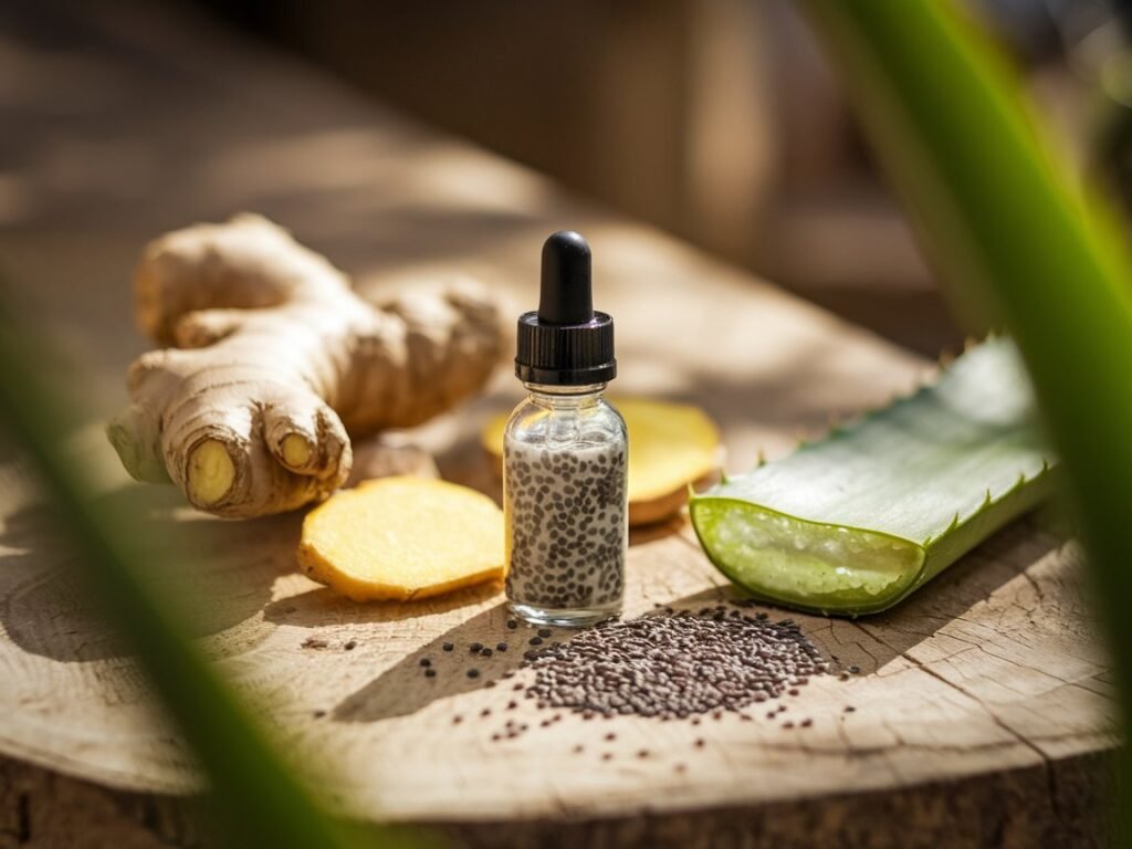 Glass dropper bottle with chia seeds, ginger slices, and aloe vera leaf on a wooden surface.