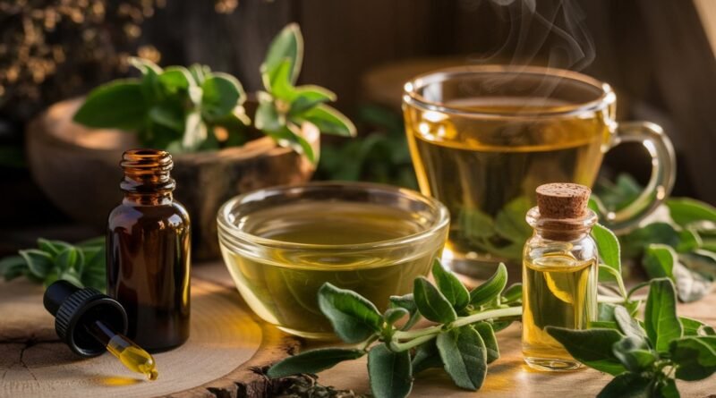 Various herbal oils and teas displayed in glass containers, with fresh herbs and a dropper bottle on a wooden surface.