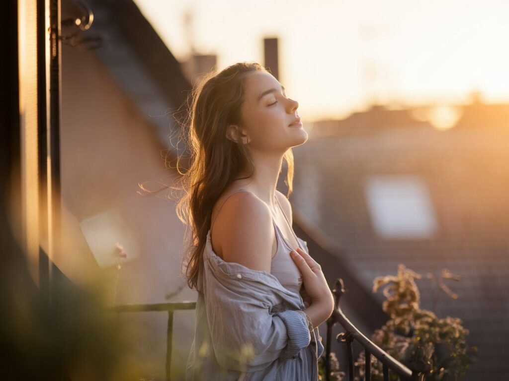 Young woman with long hair standing outdoors, eyes closed, enjoying the sunlight during sunset, wearing a light gray top.