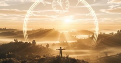 Silhouette of a person standing on a hilltop at sunrise, with rays of light illuminating the landscape and a clock overlay in the sky.