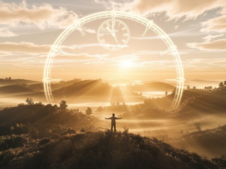 Silhouette of a person standing on a hilltop at sunrise, with rays of light illuminating the landscape and a clock overlay in the sky.