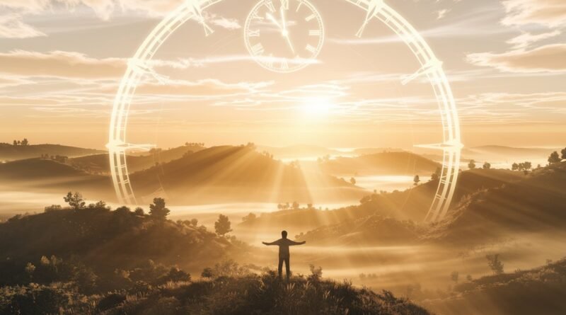 Silhouette of a person standing on a hilltop at sunrise, with rays of light illuminating the landscape and a clock overlay in the sky.