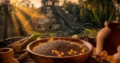 Bowl filled with glowing seeds placed in front of a Mayan pyramid at sunset, surrounded by pottery and greenery.