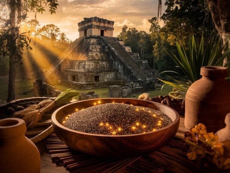 Bowl filled with glowing seeds placed in front of a Mayan pyramid at sunset, surrounded by pottery and greenery.