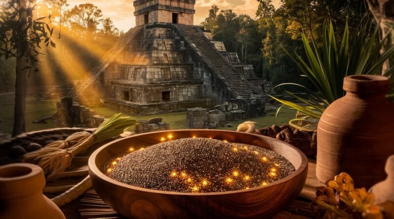 Bowl filled with glowing seeds placed in front of a Mayan pyramid at sunset, surrounded by pottery and greenery.