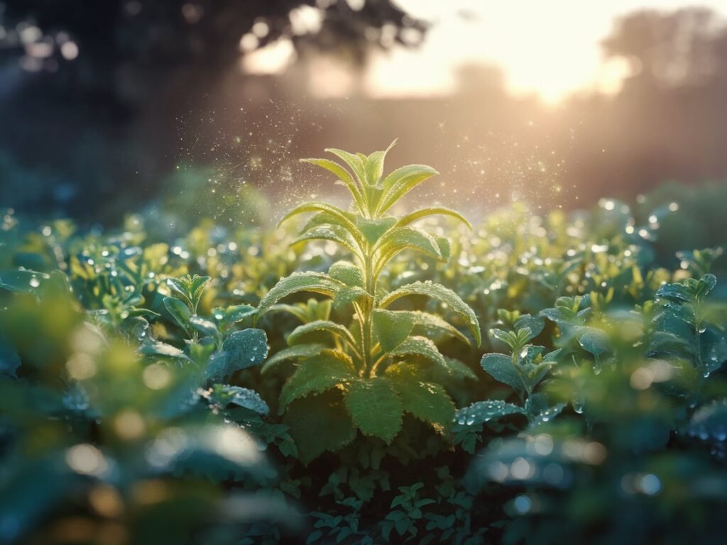 Close-up of a green herbal plant with dew drops, illuminated by soft sunlight in a lush garden setting.