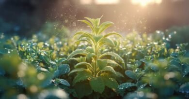 Close-up of a green herbal plant with dew drops, illuminated by soft sunlight in a lush garden setting.