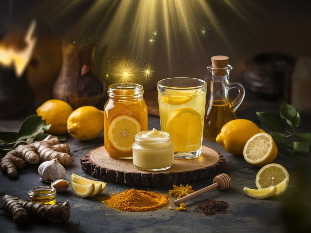 A jar of honey, a glass of lemon drink, and a bowl of cream on a wooden surface with lemon slices and spices around.