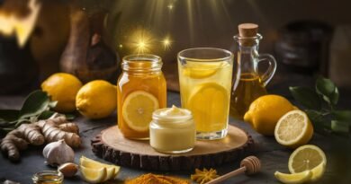 A jar of honey, a glass of lemon drink, and a bowl of cream on a wooden surface with lemon slices and spices around.