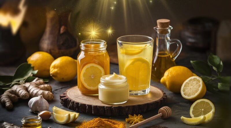 A jar of honey, a glass of lemon drink, and a bowl of cream on a wooden surface with lemon slices and spices around.