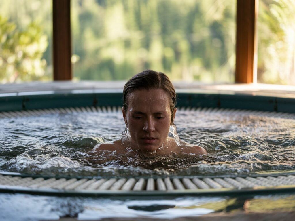 A person with wet hair submerged in a hot tub, water rippling around them, with a serene expression on their face.