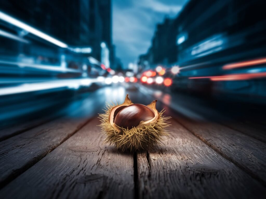 Single chestnut with a spiky outer shell placed on a wooden surface, captured in a cinematic style with blurred background lights.