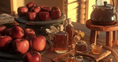 A wooden table with red apples, glass bottles of syrup, honey jars, and a teapot, arranged in a natural setting with warm lighting.