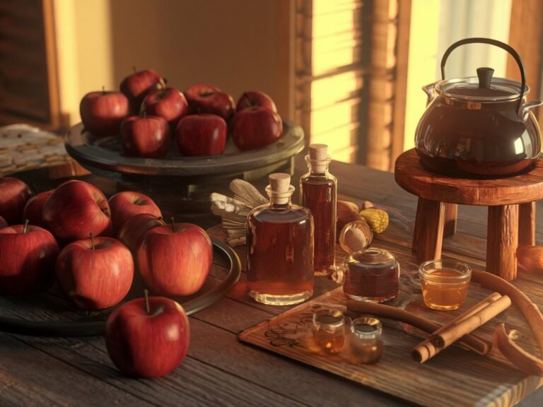 A wooden table with red apples, glass bottles of syrup, honey jars, and a teapot, arranged in a natural setting with warm lighting.