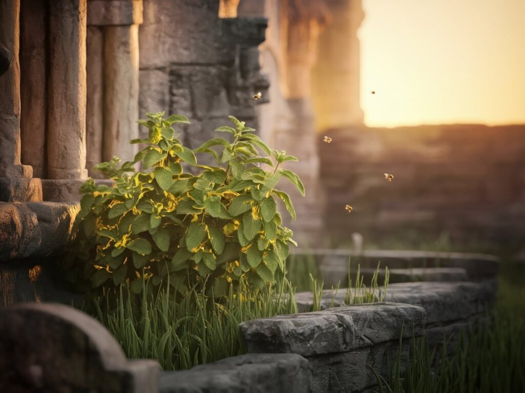 Green plant growing near ancient stone ruins with sunlight illuminating the leaves and bees flying around.