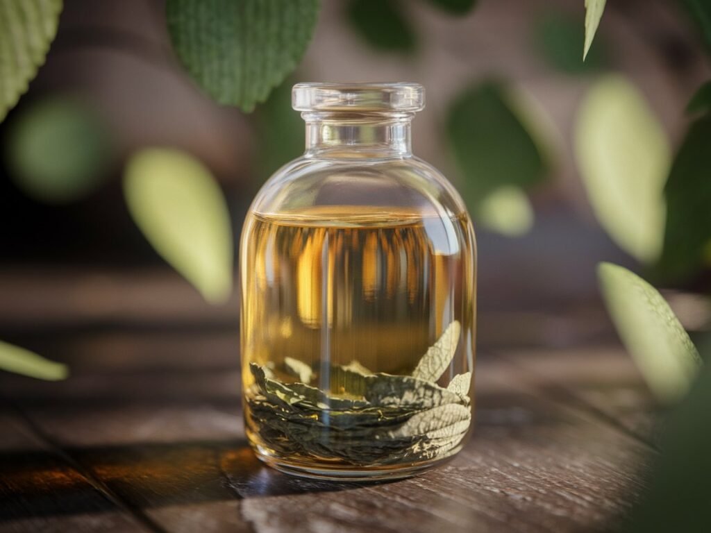 Glass bottle containing a clear liquid with green leaves submerged at the bottom, set against a blurred natural background.