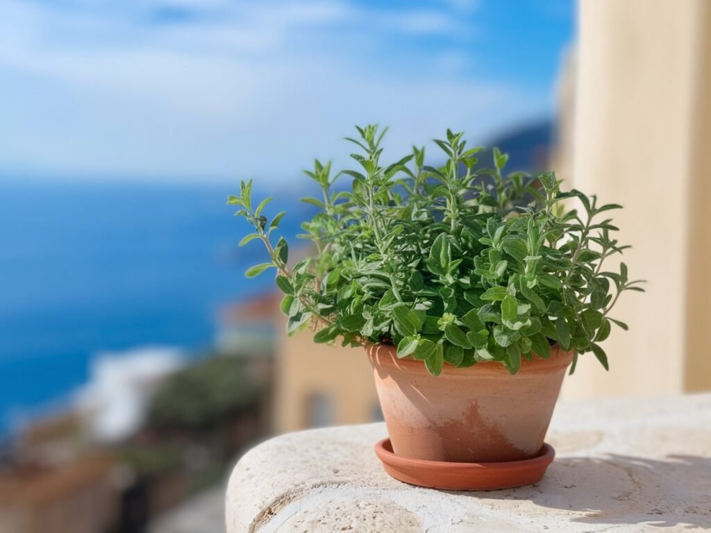 Potted oregano plant in a terracotta pot with green leaves, placed on a ledge overlooking a blue sea.