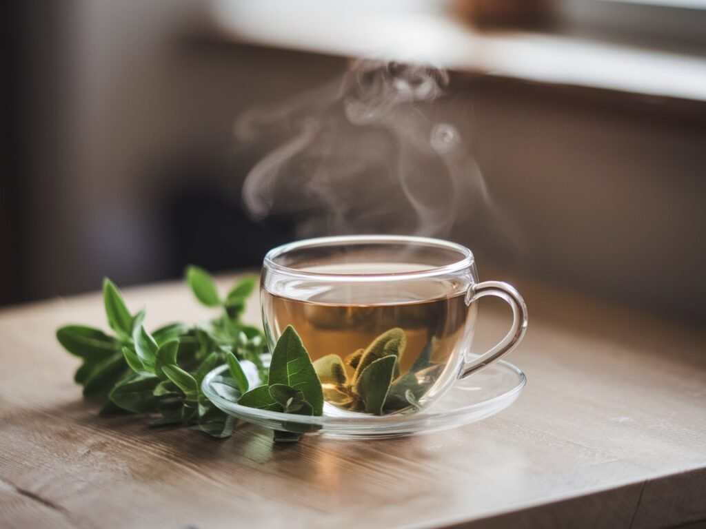 A clear glass cup filled with steaming oregano herbal tea, placed on a saucer with fresh oregano leaves beside it.
