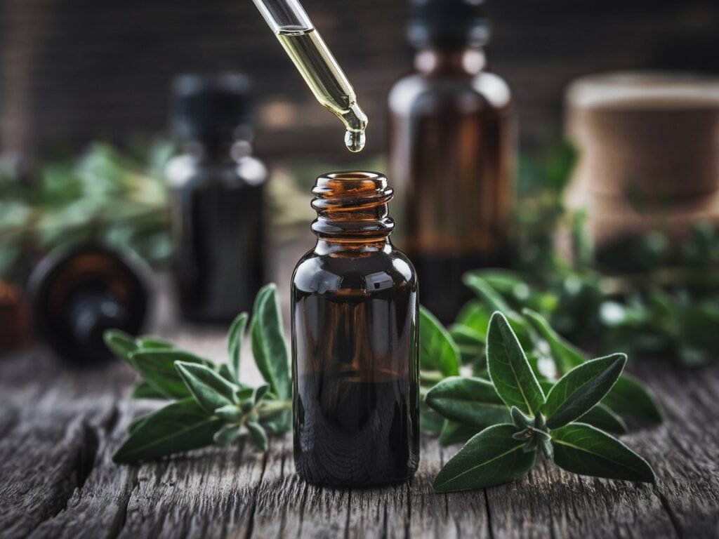 Dark glass dropper bottle with a pipette, surrounded by green leaves and other bottles on a wooden surface.