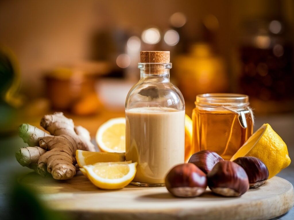 Glass bottle filled with a creamy liquid, surrounded by ginger root, lemon slices, honey jar, and chestnuts on a wooden surface.