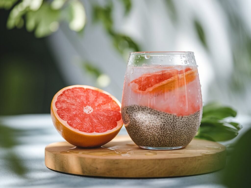 Glass of chia water with grapefruit slices and a half grapefruit on a wooden surface.