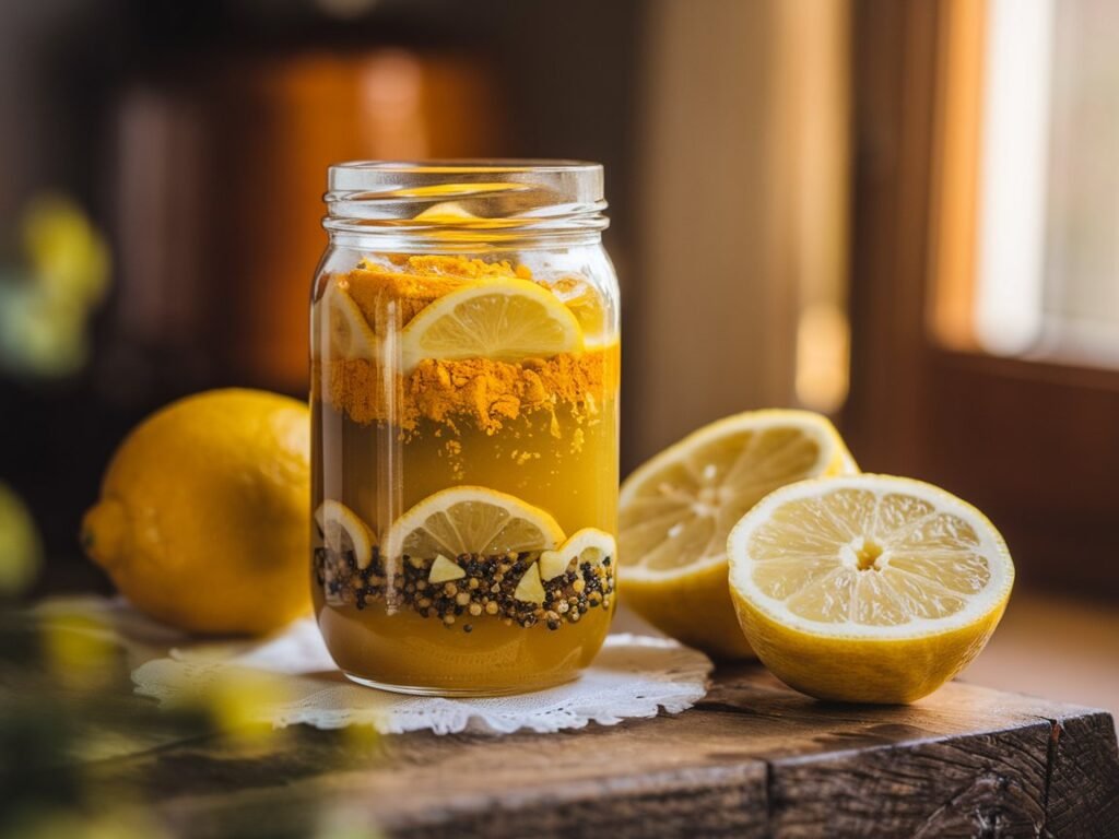 Jar filled with a mixture of lemon slices, turmeric powder, and spices, with halved lemons placed beside it.