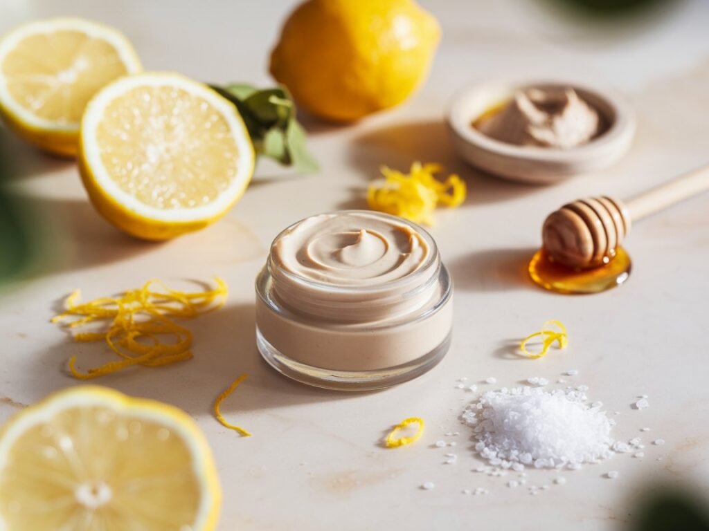 Homemade lemon skin cream in a glass jar, surrounded by lemon halves, lemon zest, honey, and salt on a marble surface.