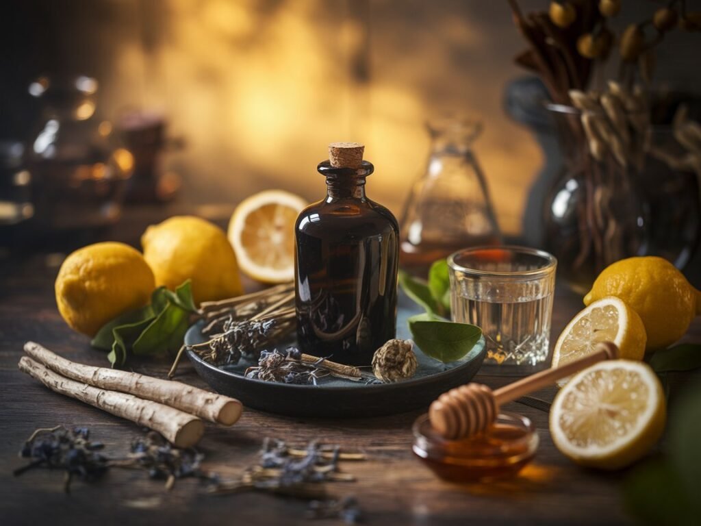 Dark glass bottle with a cork lid surrounded by lemon slices, honey, herbs, and a glass of liquid on a wooden surface.