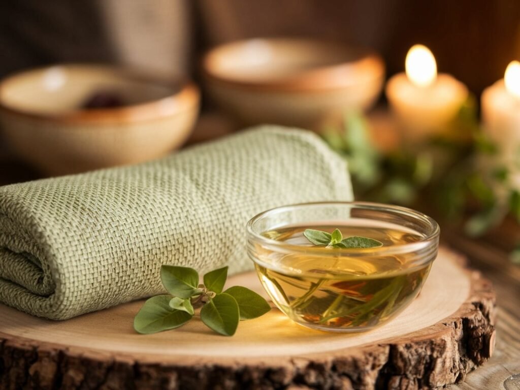 Warm herbal compress cloth placed next to a bowl of herbal infusion with fresh herbs on a wooden surface.