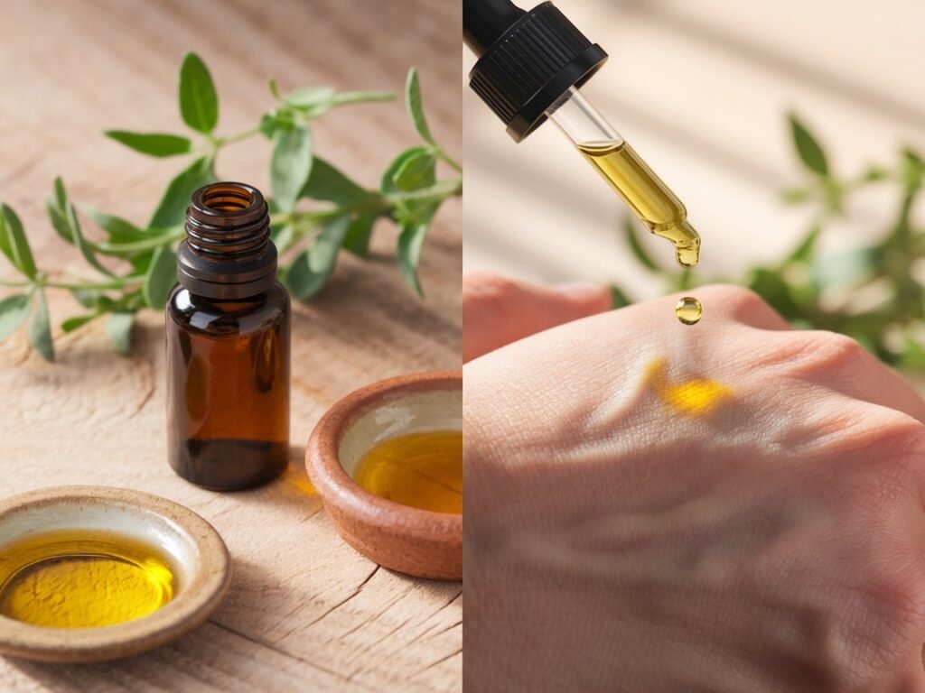 Amber glass bottle with a dropper next to small bowls of oil and a hand applying a drop of oil.