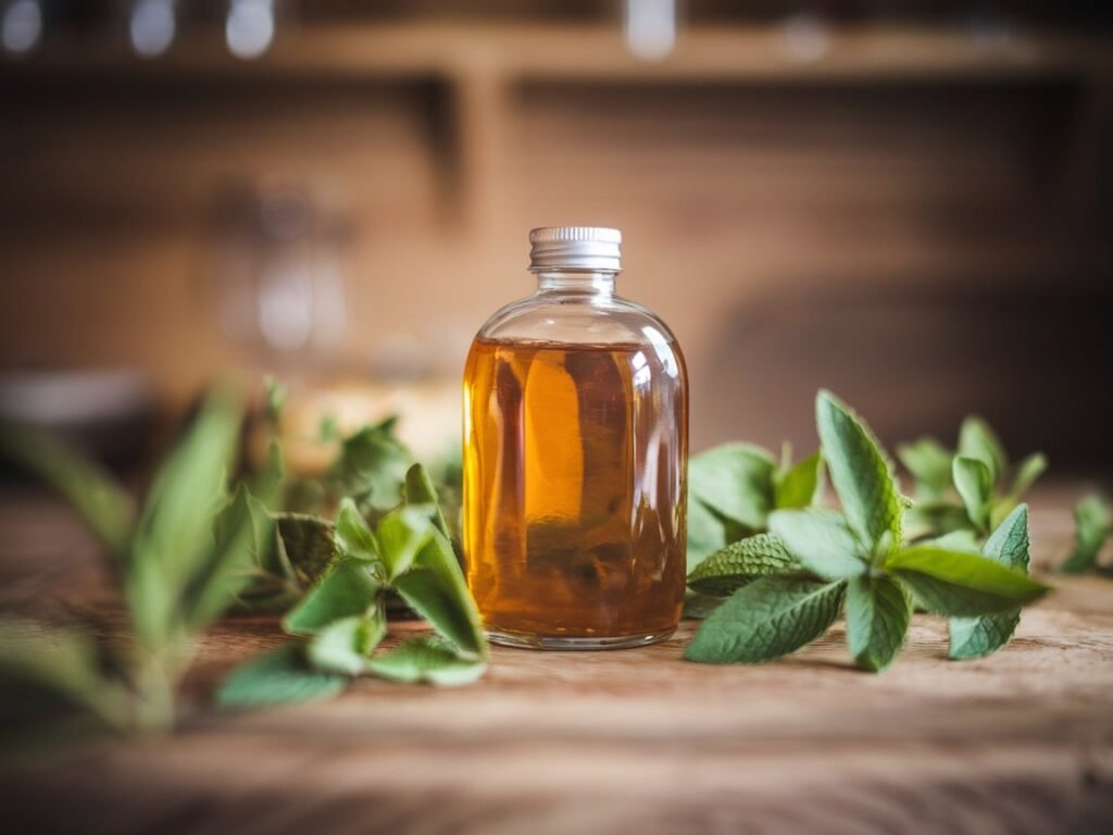 Glass bottle filled with amber liquid surrounded by fresh green mint leaves on a wooden surface.