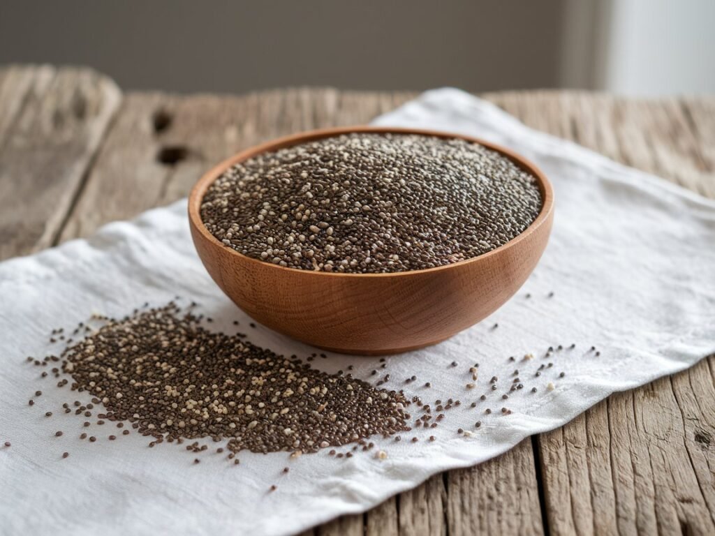 Wooden bowl filled with chia seeds, with some seeds spilled onto a white cloth surface.