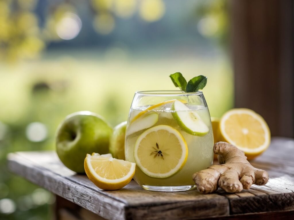 A glass of lemonade garnished with mint leaves, surrounded by lemon slices, green apples, and fresh ginger on a wooden surface.