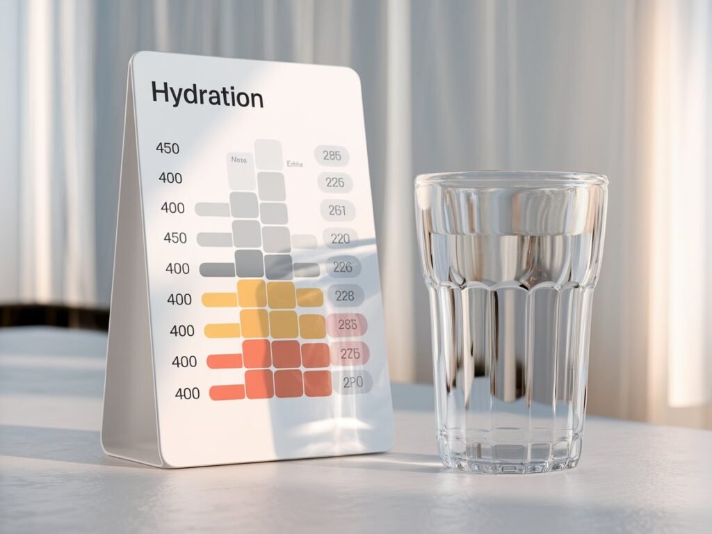 A hydration chart displayed on a stand next to a clear glass of water, indicating various hydration levels with color coding.