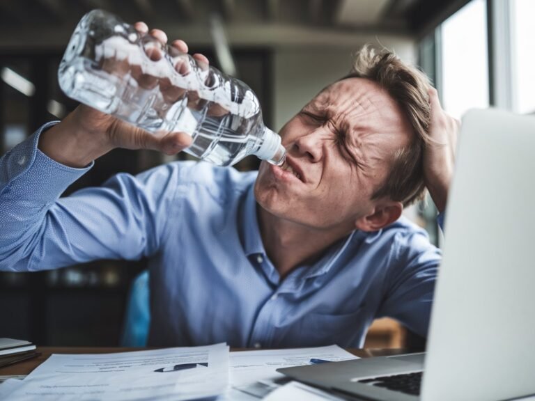Man in a blue shirt drinking water from a plastic bottle while showing signs of fatigue at an office desk with papers and a laptop.