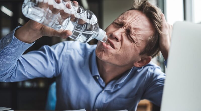 Man in a blue shirt drinking water from a plastic bottle while showing signs of fatigue at an office desk with papers and a laptop.