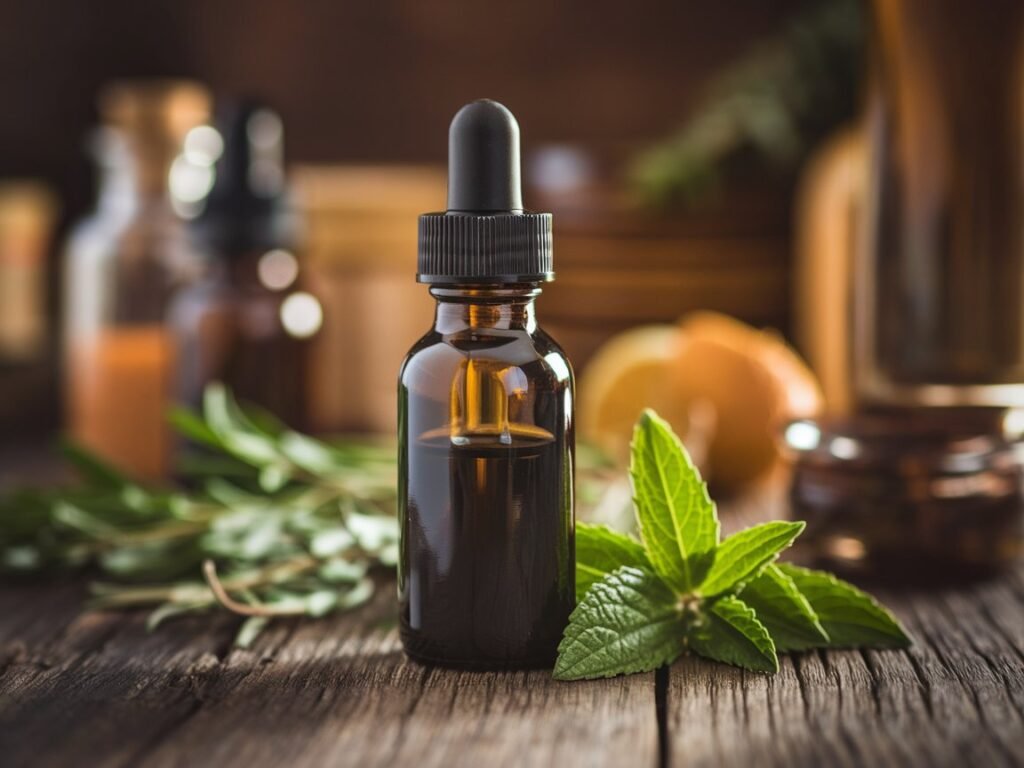 Dark glass dropper bottle with a black lid placed on a wooden surface, surrounded by green leaves and blurred background elements.