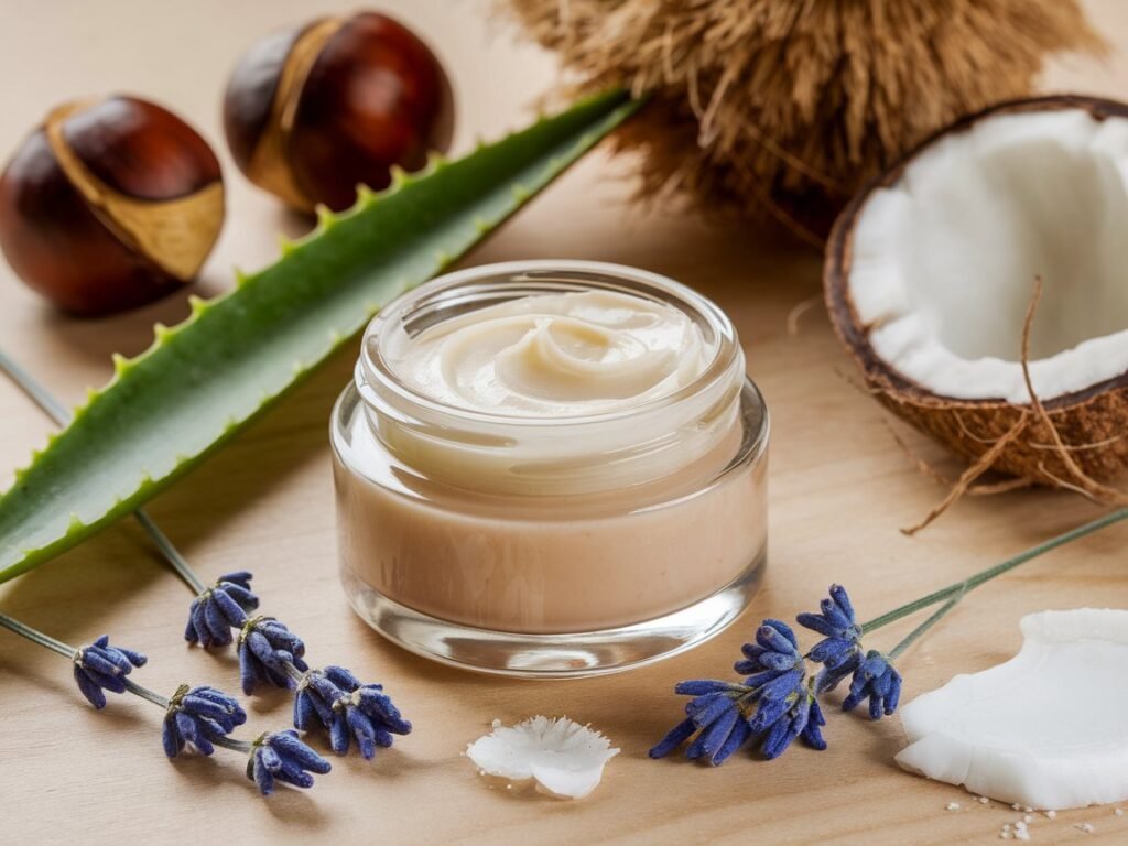 A glass jar containing cream surrounded by aloe vera leaves, lavender flowers, coconut pieces, and chestnuts on a wooden surface.