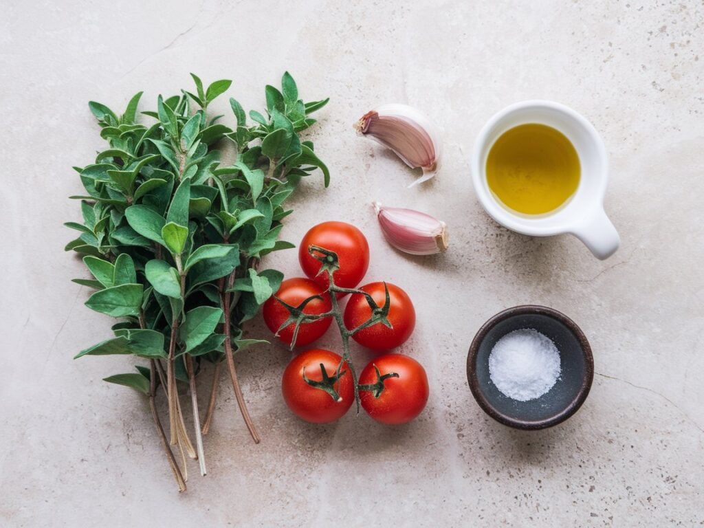 Fresh oregano sprigs, ripe tomatoes, garlic cloves, a small bowl of salt, and a cup of olive oil arranged on a neutral surface.