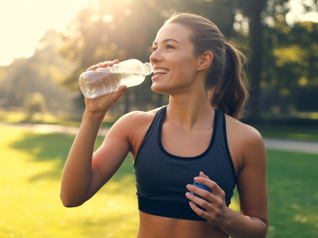 A sporty woman smiling while drinking water from a bottle, wearing a black athletic top in a natural setting.