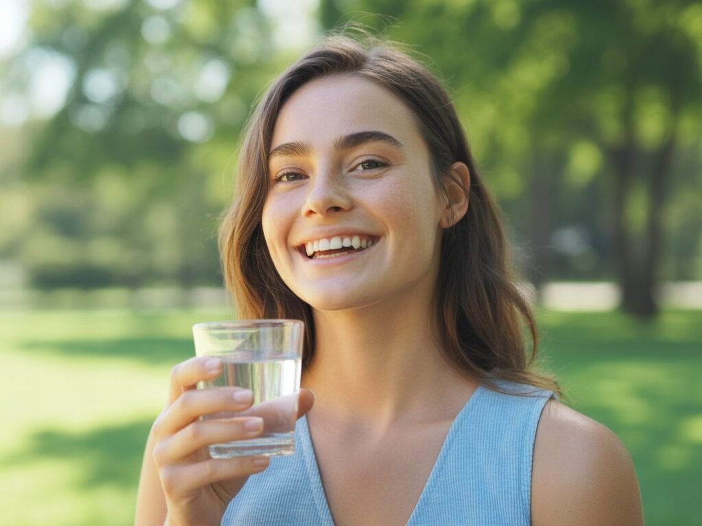 Young woman smiling while holding a glass of water outdoors in a natural setting.