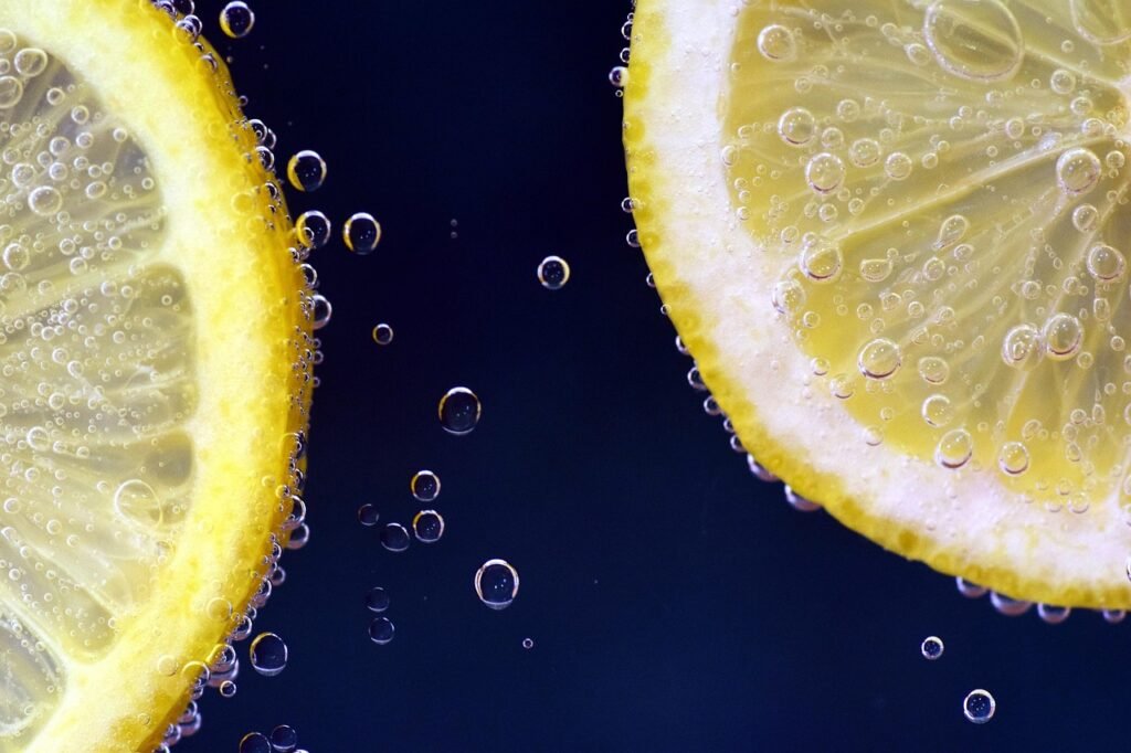 Two slices of lemon submerged in a clear liquid with bubbles, showcasing the texture and color of the lemon fruit.