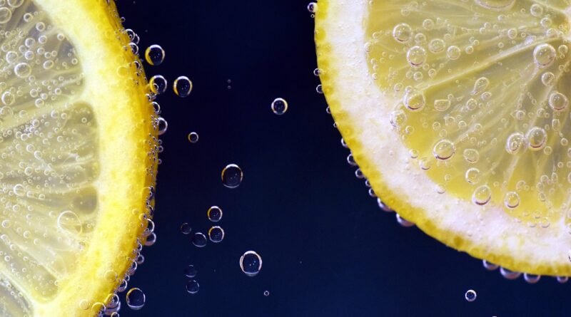 Two slices of lemon submerged in a clear liquid with bubbles, showcasing the texture and color of the lemon fruit.