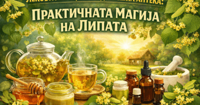 Илустрација со цветови од липа, чај од липа, мед и домашни билни препарати на дрвена маса, со наслов „Лековити рецепти и домашна аптека: Практичната магија на липата“ – природни рецепти и традиционална употреба на липата за здравје.