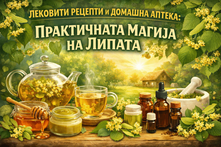 Илустрација со цветови од липа, чај од липа, мед и домашни билни препарати на дрвена маса, со наслов „Лековити рецепти и домашна аптека: Практичната магија на липата“ – природни рецепти и традиционална употреба на липата за здравје.